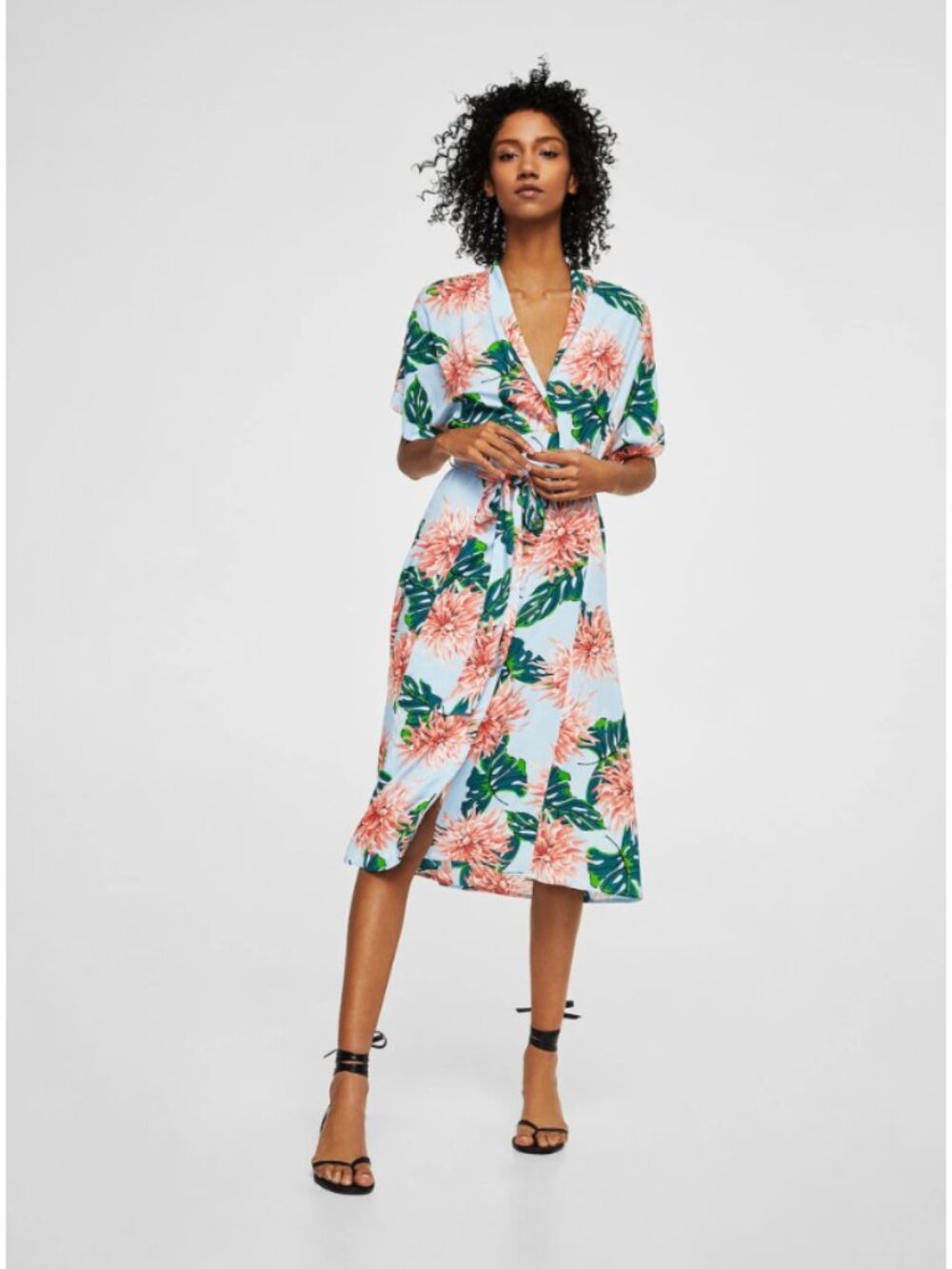 Mango Floral Button Up Tie Dress Size Small